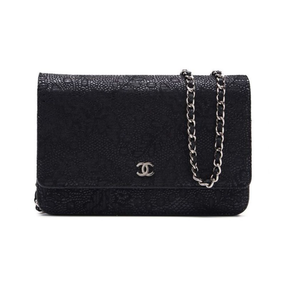 Chanel Floral Pattern Chain Wallet Leather Black